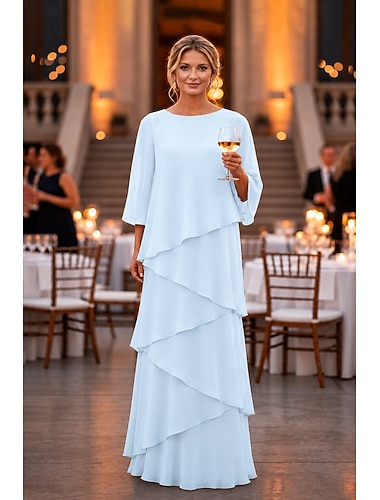  Tubino Colonna Lunghezza al pavimento Abito da invitata a nozze Abito Formale Abito da sera Abito da cerimonia per signora Manica 3/4 Girocollo Elegante Formale Chiffon con Volant