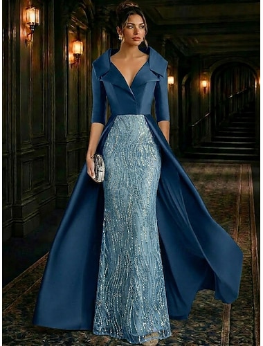  A-Linie Bodenlang Perlenbestickt Abendkleid Kleid der Brautmutter Abendkleid Ballkleid mit Überrock Festliche Kleidung Elegant seidig Dreiviertelarm Hemdkragen Abendgesellschaft Hochzeit Satin