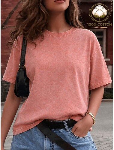  softfade™ dam-t-shirt i 100 % bomull vintage tvättad toppar mode snygg klassisk kortärmad rund hals långa toppar avslappnad vardag strand rosa röd blå gräsgrön svart orange sommar vår