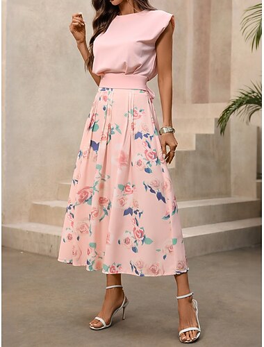  Per donna Insieme del vestito Abito a Tubino Vestito Estivo Vacanza Casual Semplice Stampato Abito Midi Senza Maniche Scollo a V Spiaggia Feste Rosa Estate Primavera Vestibilità regolare