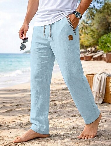  Homens Calças de linho Calças Calça verão Calças largas Com Cordão Cintura elástica Perna reta Tecido Conforto Respirável Comprimento total Casual Diário Praia Férias Moda Azul Preto Sem Elasticidade