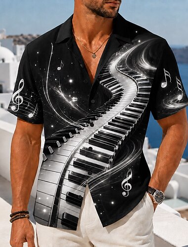  Per uomo Musica Strumento musicale Tasti panoramici Camicia Camicia con Bottoni Camicia con collo camp Manica Corta Vintage Retrò Festival Musicale Ferie Estate Primavera Colletto cubano Stampa 3D