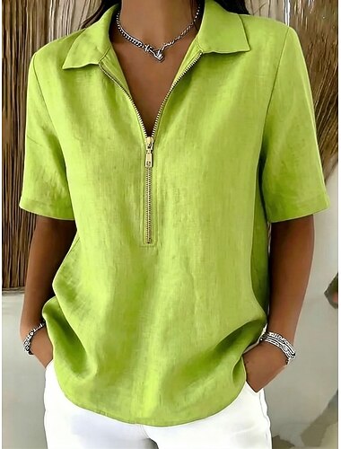  Mulheres Blusa Camisa de linho sintético Zíper Botões Côr Sólida Diário à moda Casual Manga Curta Colarinho polo Tops regulares Casual Diário Azul Preto Branco Amarelo Cáqui Verão Primavera
