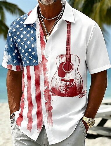  4. Juli 2026 250. Herren Gitarre Amerikanische Flagge Hemd Sommerhemd Knopfhemd Kurzarm Patriotisch Outdoor Festival Sommer Frühling Umlegekragen 3D-Druck Hemden mit Kragen Blau Blau 3# Blau 2# Blau