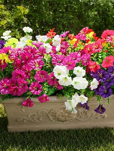  Fiori artificiali per esterni, piante finte per decorazioni da esterno, 12 mazzi di convolvolo colorato in seta con eucalipto, fiori finti realistici resistenti ai raggi UV per fioriere, portici,