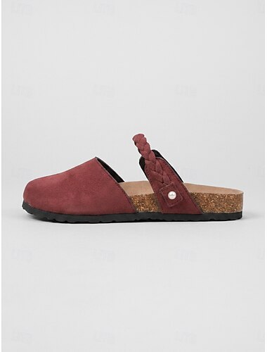  Sabots rouges bordeaux pour femme, à bride arrière tressée et coupe large - mules plates à semelle profilée pour pieds plats, style décontracté &confort toute la journée