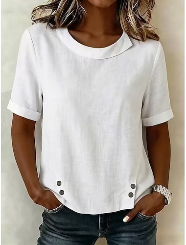 Mulheres Blusa Côr Sólida Vintage à moda Básico Manga Curta Gola Redonda Tops regulares Casual Diário Branco Vermelho Cáqui Verão Primavera