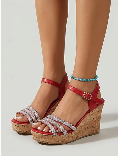  Sandali con zeppa da donna rossi con strass - scarpe con plateau scintillanti con cinturini multipli e suola in sughero &fibbia alla caviglia per vacanze all'aria aperta e fughe tropicali &feste
