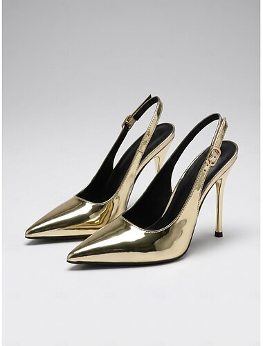 Sapatos de salto agulha dourados brilhantes para mulheres - elegantes scarpins de bico fino com tira no calcanhar, sapatos metálicos chiques para ocasiões formais.