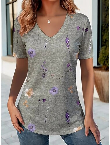  Pasen Dames T-shirt Afdrukken Bloemig Grafisch Planten Stijlvol Klassiek Casual Korte mouw V-hals Normale tops Casual Dagelijks Rood Grijs Zomer Lente