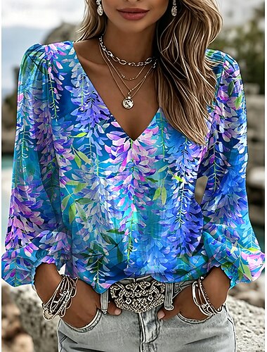  Per donna Camicia Stampato Floreale Grafico Bohemien Vacanza Vintage Manica Lunga Manica a Lanterna Scollo a V Top Regolari Casuale Quotidiano Uscire Blu Viola Verde Estate Primavera