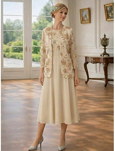  Zweiteilig A-Linie Knöchellänge Tee-Länge Kleid für Hochzeitsgäste Brautmutterkleid Ärmellos Langarm Rundausschnitt Elegant Einfach Minimalistisch Formell Semi-Formal Chiffon Paillettenbesetzt mit
