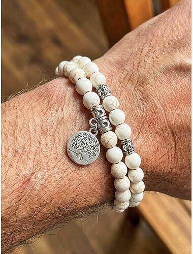  Heren boho turquoise armbandenset - 2-delige armbandenset met levensboombedeltje en kralen, etnische legering &Stapelbare sieraden van natuursteen voor op reis en vakantie. &dagelijkse