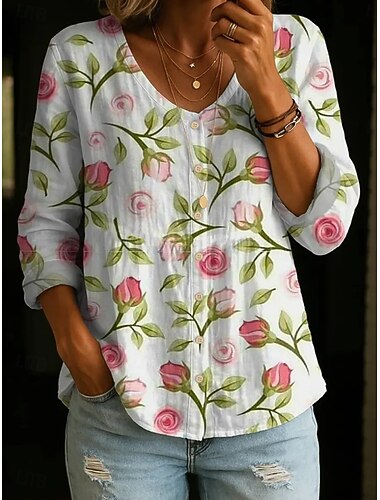  Dames Overhemd Knop Afdrukken Bloemig Grafisch Vintage Dagelijks Stijlvol Lange mouw V-hals Normale tops Casual Dagelijks Wit Blozend Roze Beige Zomer Lente