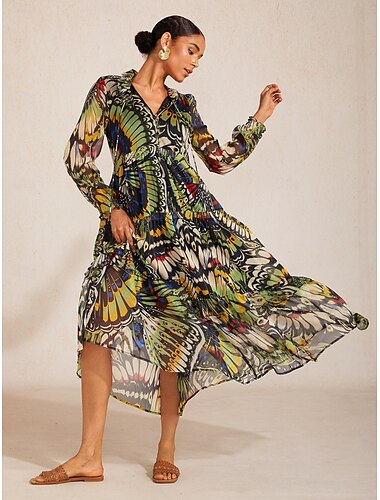  abito lungo in chiffon svolazzante con farfalle della giungla