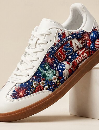  Heren USA Patriottische Print Lage Sneakers Veterschoenen Casual Voetbalfan Schoenen Lichtgewicht Gum Zool Fashion Trainers voor Mannen Wedstrijden Stadionjuichen Sportevenementen en Dagelijks Gebruik