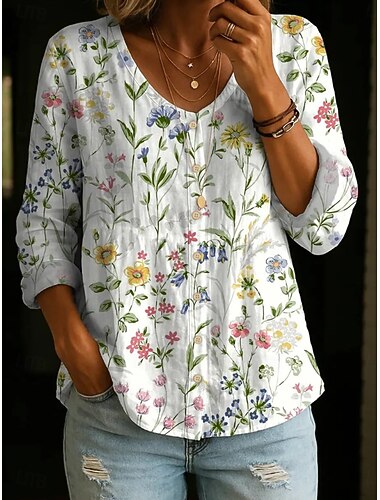  Damen Hemd Knöpfe Druck Blumen Grafik Vintage Täglich Stilvoll Langarm V Ausschnitt Normale Oberteile Lässig Täglich Weiß Rosa Beige Sommer Frühling