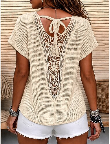  Mulheres Camisa Social Blusa Textura Topo de ilhó Top de emenda de renda Jacquard Renda Patchwork Elegante Boêmia Vintage Manga Curta Gola Redonda Tops regulares Casual Preto Branco Verde Bege Rosa