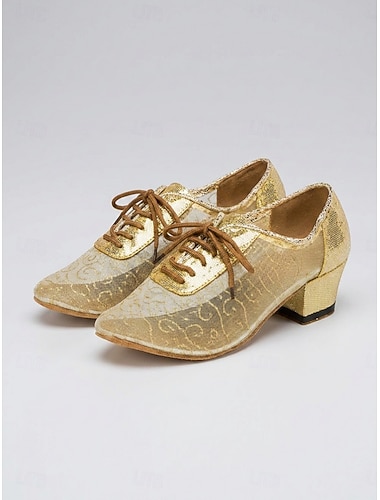  Goldene Glitzer-Tanzschuhe für Damen – Schnür-Übungsschuhe mit Mesh-Einsätzen für Salsa und Tango &Gesellschaftstanz
