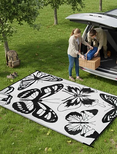  Alfombra impermeable para exteriores de 8x10, alfombra plegable geométrica festoneada de paja de plástico para patio y camping, alfombra para caravanas, terraza, porche, balcón, patio trasero, picnic,