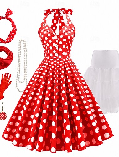  Conjunto Anos 50 Retro Vintage Longuette Anágua Vestido de formatura Conjunto de acessórios com acessórios Bolinhas Justo & Evasê Fantasia Mulheres Baile de Máscaras Festival de Música Festa de Chá