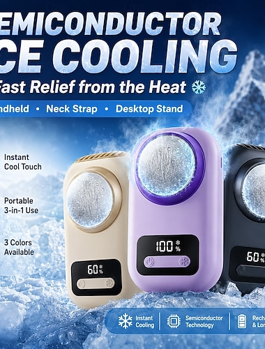 Ventilador portátil de pescoço com placa de resfriamento de gelo, ventilador de mão recarregável via USB com clipe de cintura, ventilador pessoal silencioso com grande visor de LED. &Ventilador