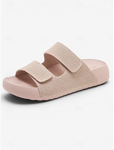  Rosa Damen-Stricksandalen mit breiter Passform – bequeme Hausschuhe mit doppelten Riemen und vorgeformtem Fußbett &verstellbares Klettband für geschwollene Füße, Reise &Komfort den ganzen Tag