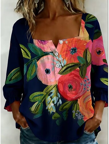  Femmes Chemisier Imprimé Fleuri Graphique ancien Quotidien Élégant Manche 3/4 Col carré Hauts courts Occasionnel Quotidien Bleu de minuit Été Printemps
