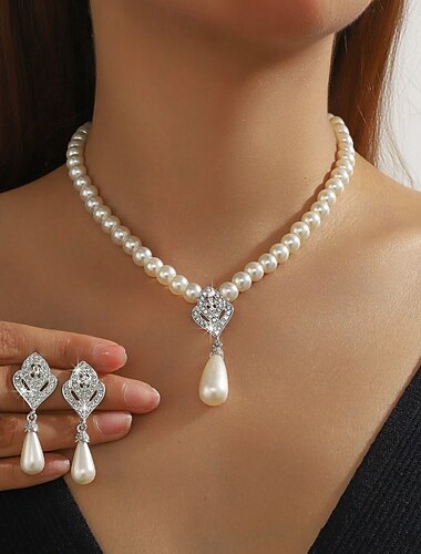  Boucles d'oreilles 2 Perle Perle Boucles d'oreilles Collier Femmes Mode Parure de Bijoux Pour Mariage