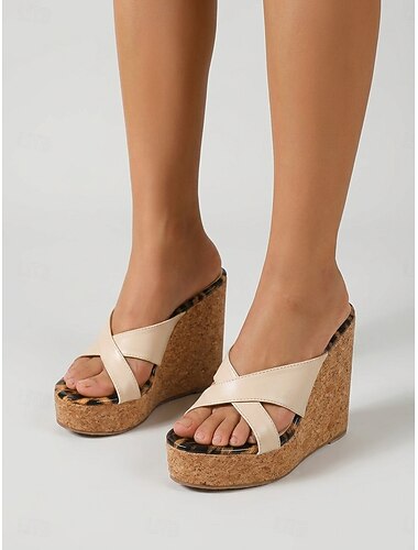  Damessandalen met luipaardprint en sleehak - open teensandalen met gekruiste bandjes en platformzool met kurkstructuur, perfect voor buitenactiviteiten en tropische resorts. &zomervakantie