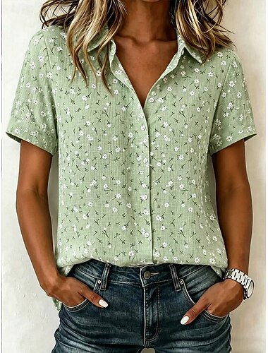 Mulheres Camisa Social Floral Gráfico Vintage Tropical à moda Manga Curta Colarinho de Camisa Tops regulares Casual Diário Verde Verão Primavera