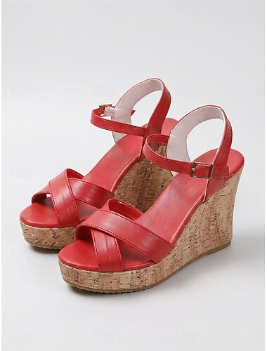  Opvallende rode sleehak sandalen voor dames - retro platformschoenen met gekruiste bandjes en een kurkachtige zool. &Verstelbare gesp voor buitenvakanties en tropische cruises. &zomerfeesten