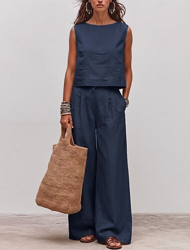  Dames Katoenen linnen sets Mouwloos Ronde hals Effen Marineblauw khaki Militair Groen Zomer Ruim Passend