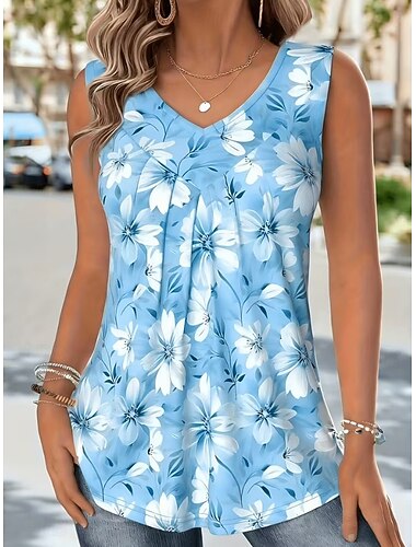  Dames Hemdje Tanktop Afdrukken Bloemig Grafisch Planten Vintage Tropisch Stijlvol Mouwloos V-hals Lange tops Casual Dagelijks blauw Lichtgroen Blozend Roze Zomer Lente