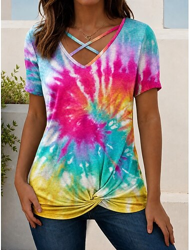  女性用 Tシャツ トップスに行く 夏のトップス フロントタイ クロスホルター オンブル’ グラフィック トロピカル風 ファッション かわいいスタイル 半袖 Ｖネック 非対称ネック ロングトップス ビーチウェディング カジュアル 日常 ブルー フクシャ レインボー 夏 春 秋 冬