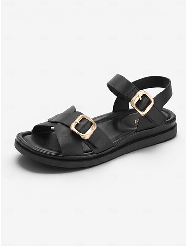  Zwarte comfortabele platte sandalen voor dames met gekruiste bandjes en voetboogondersteuning - lichtgewicht, comfortabel de hele dag door, verstelbare bandjes, slingback sandalen met antislipzool