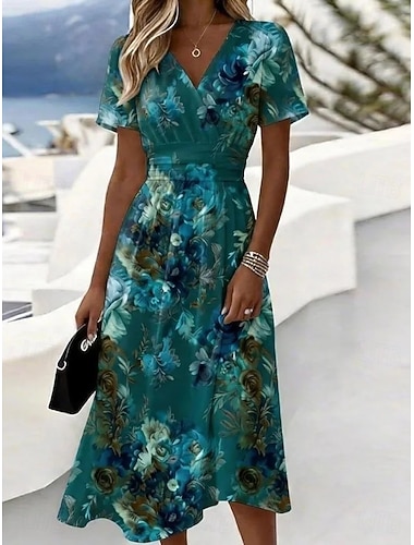  Damen Midikleid Shiftkleid Urlaub Lässig Boho Täglich Sommerkleid Frühlingskleid Normale Passform Blumen Grafik Blatt Kurzarm V Ausschnitt Dunkelgrün Sommer Frühling