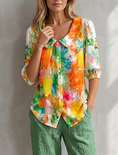  Dames Overhemd Grafisch Abstract kunst Bohemen Vakantie Vintage 3/4 mouw Peter Pan kraag Croptops Casual Dagelijks Strand Geel Rood Oranje Zomer Lente