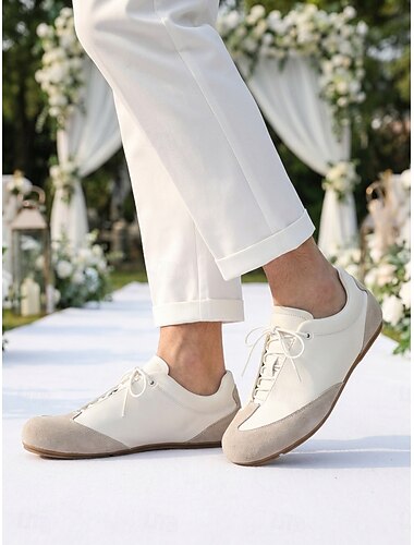  Scarpe eleganti minimaliste bianche da uomo - calzature formali leggere e comode con lacci - stile elegante e raffinato per matrimoni in giardino, celebrazioni all'aperto e occasioni speciali.