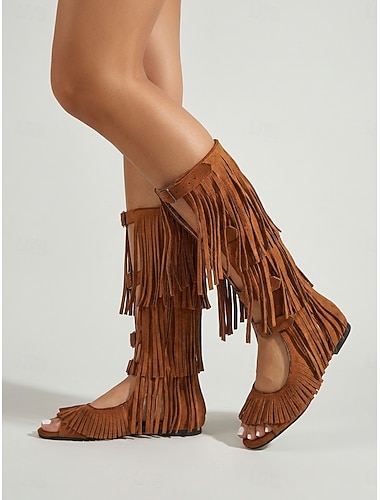  Dames gladiatorsandalen van bruin suède met franjes - bohemian hoge knielaarzen met meerdere lagen kwastjes &Verstelbare gespen voor openluchtmuziekfestivals en rave-outfits. &woestijn