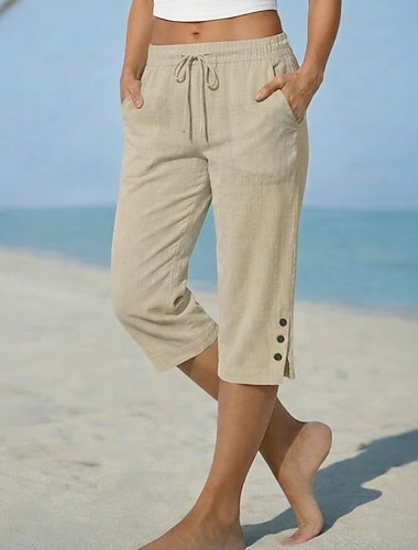  Dame Shorts i bomullslin Capri-bukser kinesisk Shorts Ferie Grunnleggende Fritid Capris Medium Midje عادي Lomme Elastisk midje Komfort Pustende Uelastisk Daglig utendørs Feriereise Svart Hvit