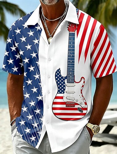  4 juli 2026 250:e Herr Guitarr Amerikanska flaggan Skjorta Sommarskjorta Knapp upp skjorta Kortärmad Patriotisk Utomhus Festival Sommar Vår Nedvikt 3D-utskrift krage skjortor Blå Blå 1#