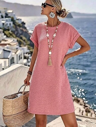  Damskie Sukienka do kolan Sukienka dzianinowa Codzienne sukienki Letnie sukienki Moda Klasyczny Nowoczesny Plaża Urlop Wyjściowe Regularny Równina Krótki rękaw Półgolf Jasnozielony Rumiany r
