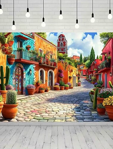  Tapiz mural colorido de una calle mexicana, paisaje de pueblo con flores de cactus para colgar en la pared de la sala de estar, dormitorio y decoración de viajes.