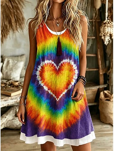  Damen Knielanges Kleid Sommerkleid T-Shirt-Kleid A Linie Kleid Urlaub Lässig Boho Normale Passform Ombre Grafik Ärmellos Rundausschnitt Orange Sommer Frühling