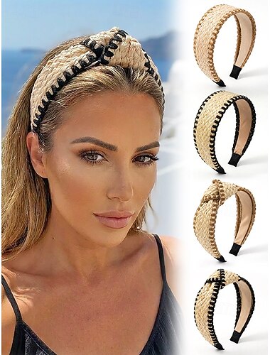  Dames bohemian strohoofdband, veelzijdige brede geknoopte haarband voor strandvakanties, resortlooks en dagelijkse casual kleding.