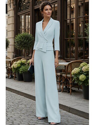  Dames Kostuums 2-delige pakken Bruiloft gast Chiffon Elegant 3/4 Mouw Geplooid Tot de grond Gekerfde revers Enkele rij knopen