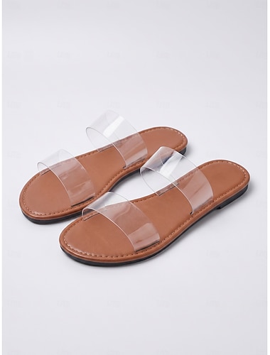  Ciabatte da donna trasparenti con doppio cinturino - sandali piatti moderni e trasparenti con suola marrone, ideali per le vacanze al mare e per rilassarsi a bordo piscina in estate. &abbigliamento