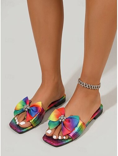  Damessandalen met regenboogglitter en glitter - sprankelende platte slippers met kristallen strik voor zomerse zwembadfeestjes, strandcruises en luxe resorts.