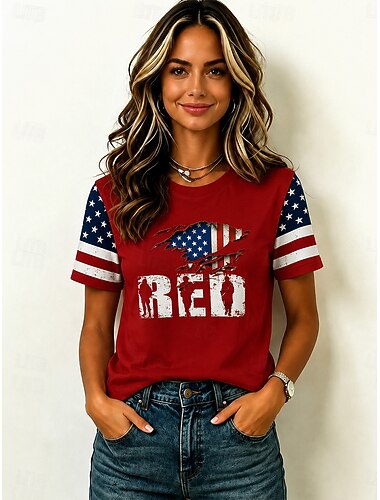  American Independence Day Women's T Shirt Print Graphic American Flag Vintage Fashion Casual Short Sleeve Crew Neck Regular Tops Casual Daily Weekend Maroon White Red Summer Spring